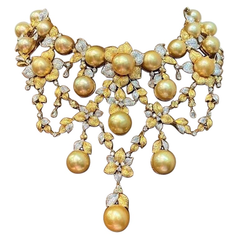 NWT 135, 000 Precioso Collar de Diamantes Amarillos y Perlas Doradas del Mar del Sur en Oro de 18 KT