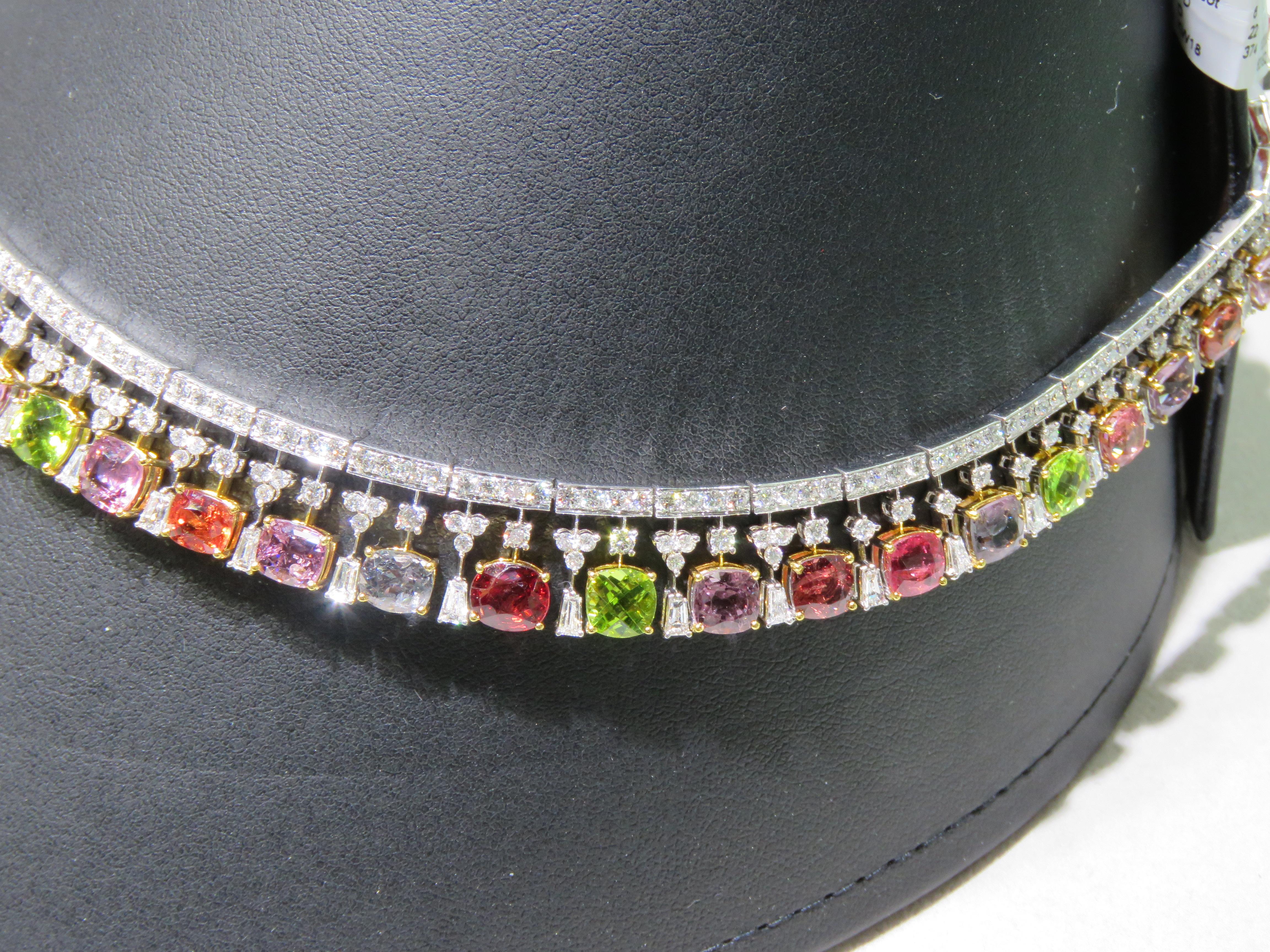 Mixed Cut NWT $136, 000 18KT Gold Glittering Fancy Colored Spinel Jeweled Diamond Necklace For Sale