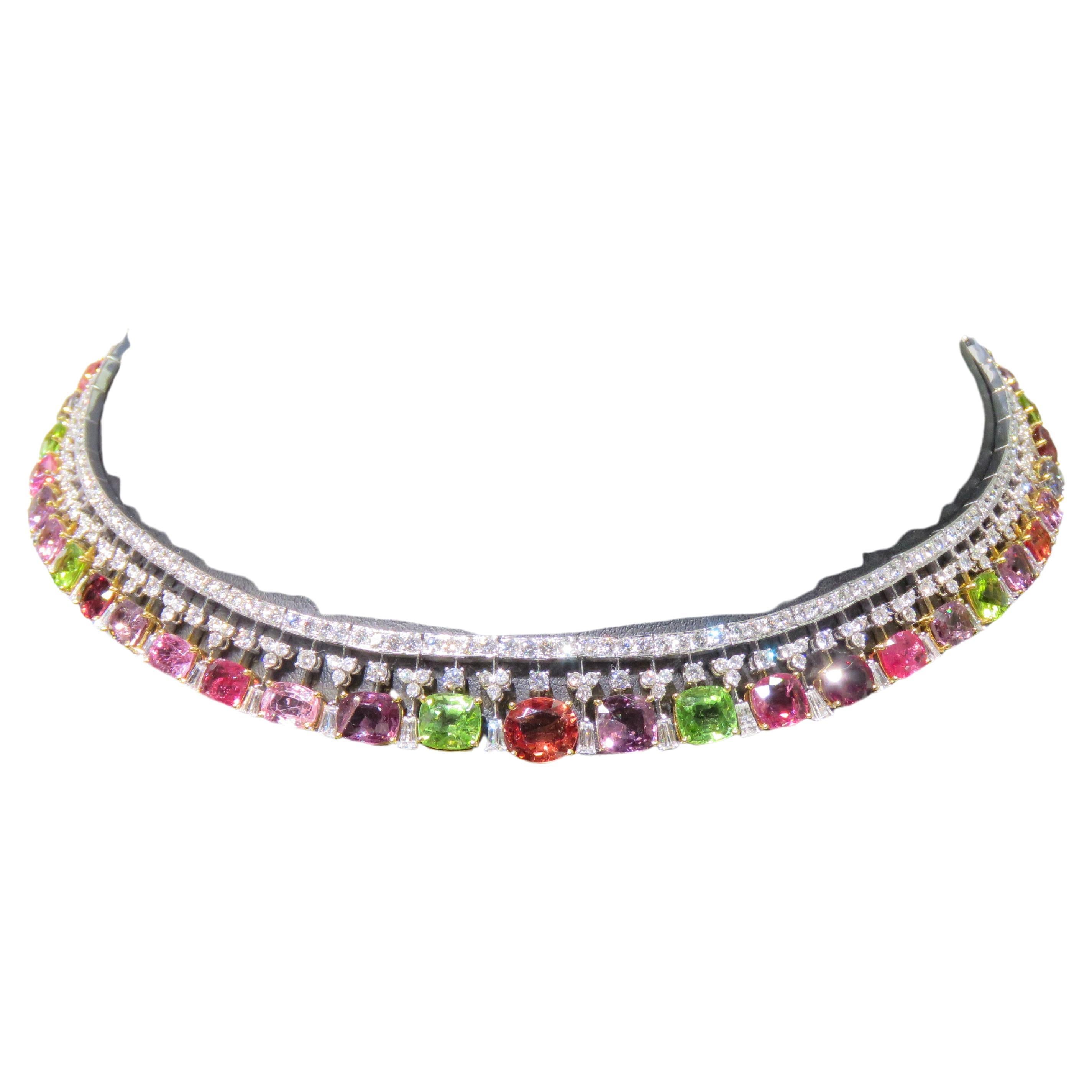 NWT $136, 000 18KT Gold Glittering Fancy Colored Spinel Jeweled Diamond Necklace For Sale