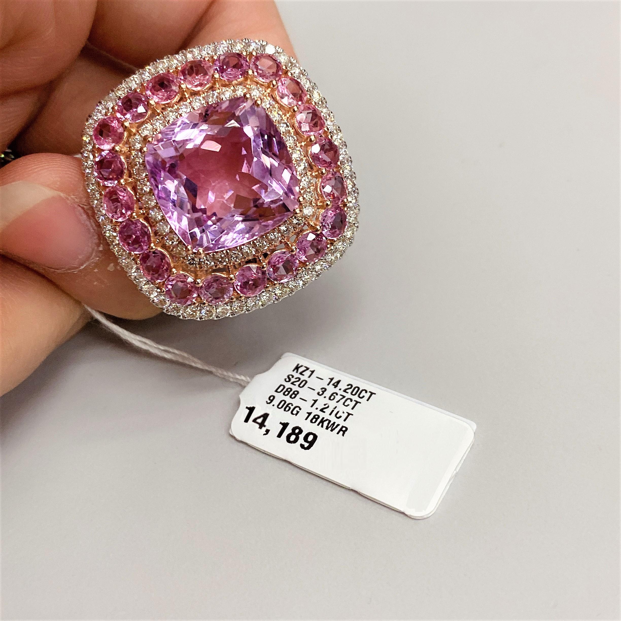 Mixed Cut NWT 14, 189 18KT Fancy Glittering 18.50ct Kunzite Pink Sapphire Diamond Ring For Sale