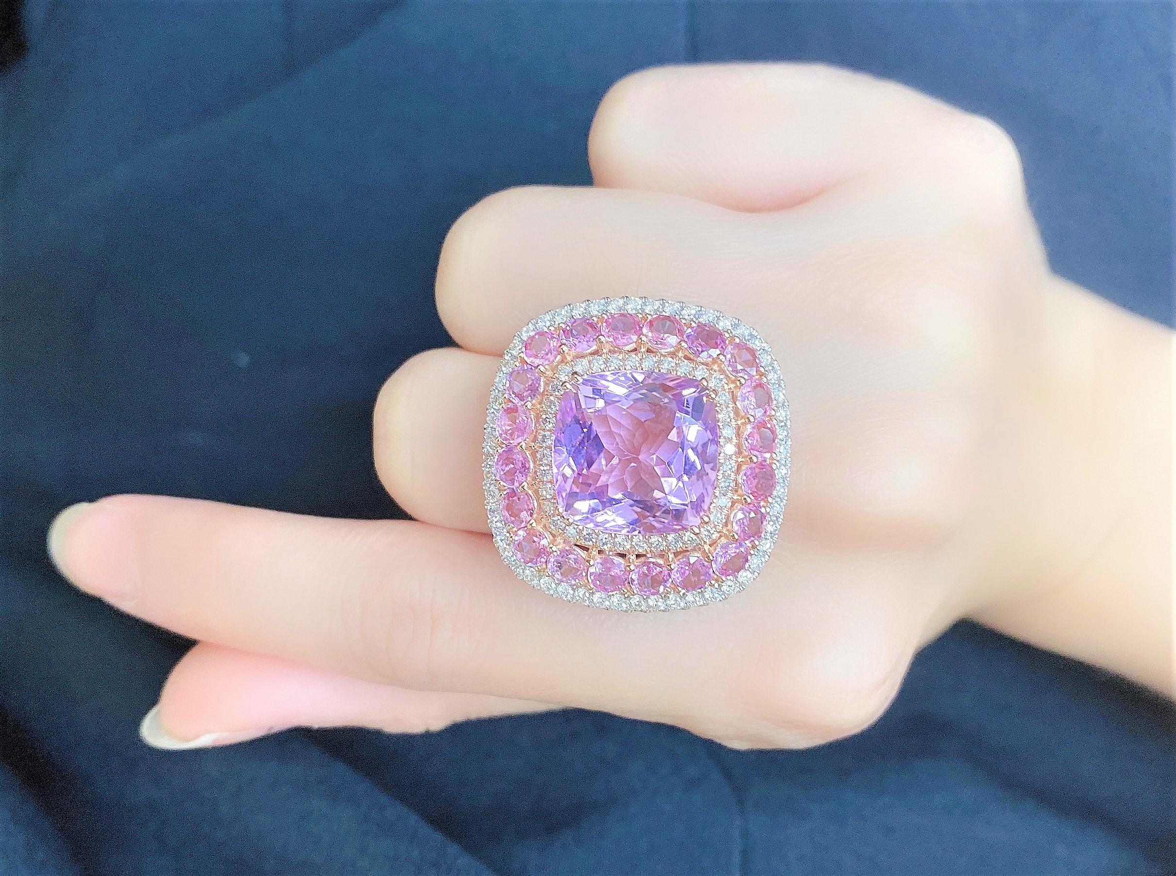 NWT 14, 189 18KT Fancy Glittering 18.50ct Kunzite Pink Sapphire Diamond Ring In New Condition For Sale In New York, NY