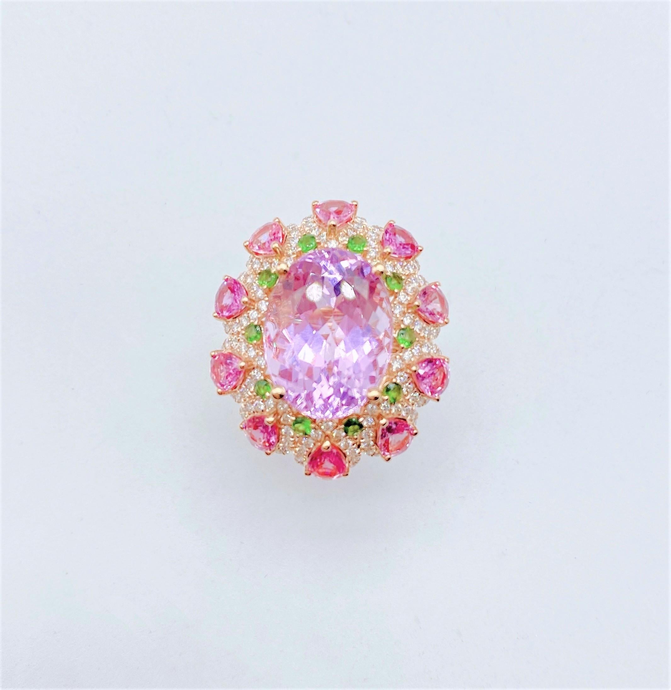 The Following Item we are offering is this Rare Important Radiant 18KT Gold Winston Style LARGE Glittering and Sparkling Magnificent Fancy Kunzite and Fancy Pink Sapphire and Green Sapphire White Diamond Ring. Ring Contains a Beautiful Fancy Shaped