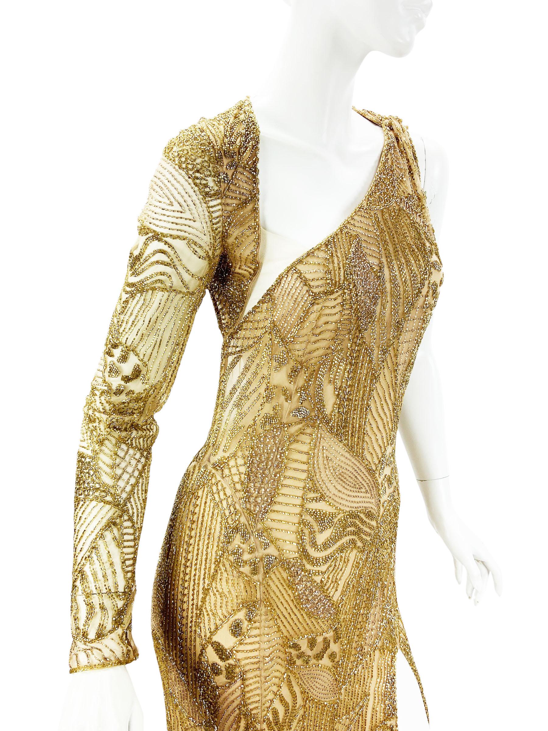 NWT $14860 Roberto Cavalli Gold Fully Beaded Open Back Dress Gown Italian 40 For Sale 6