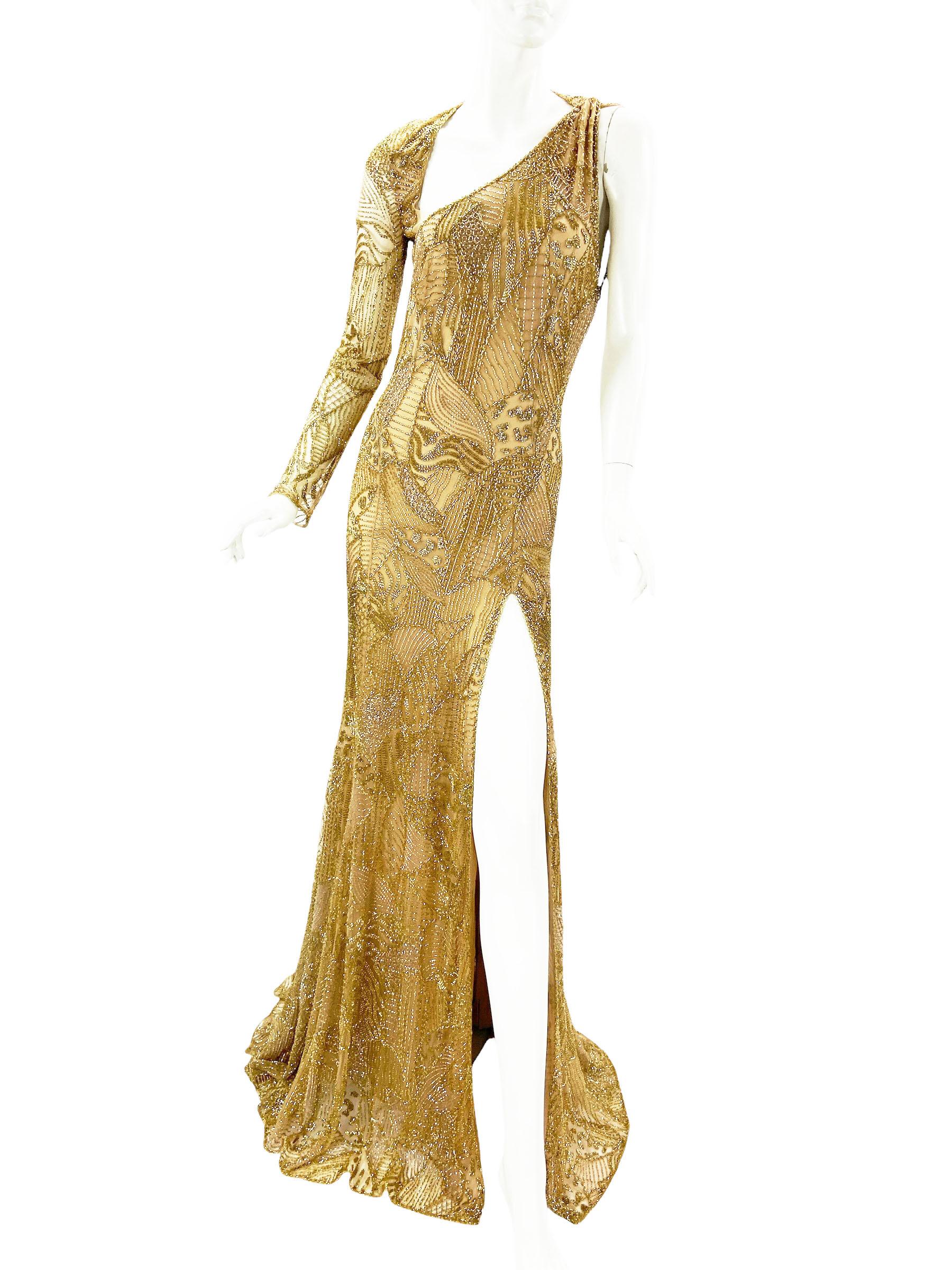 NWT $14860 Roberto Cavalli Gold Fully Beaded Open Back Dress Gown Italian 40 In New Condition For Sale In Montgomery, TX
