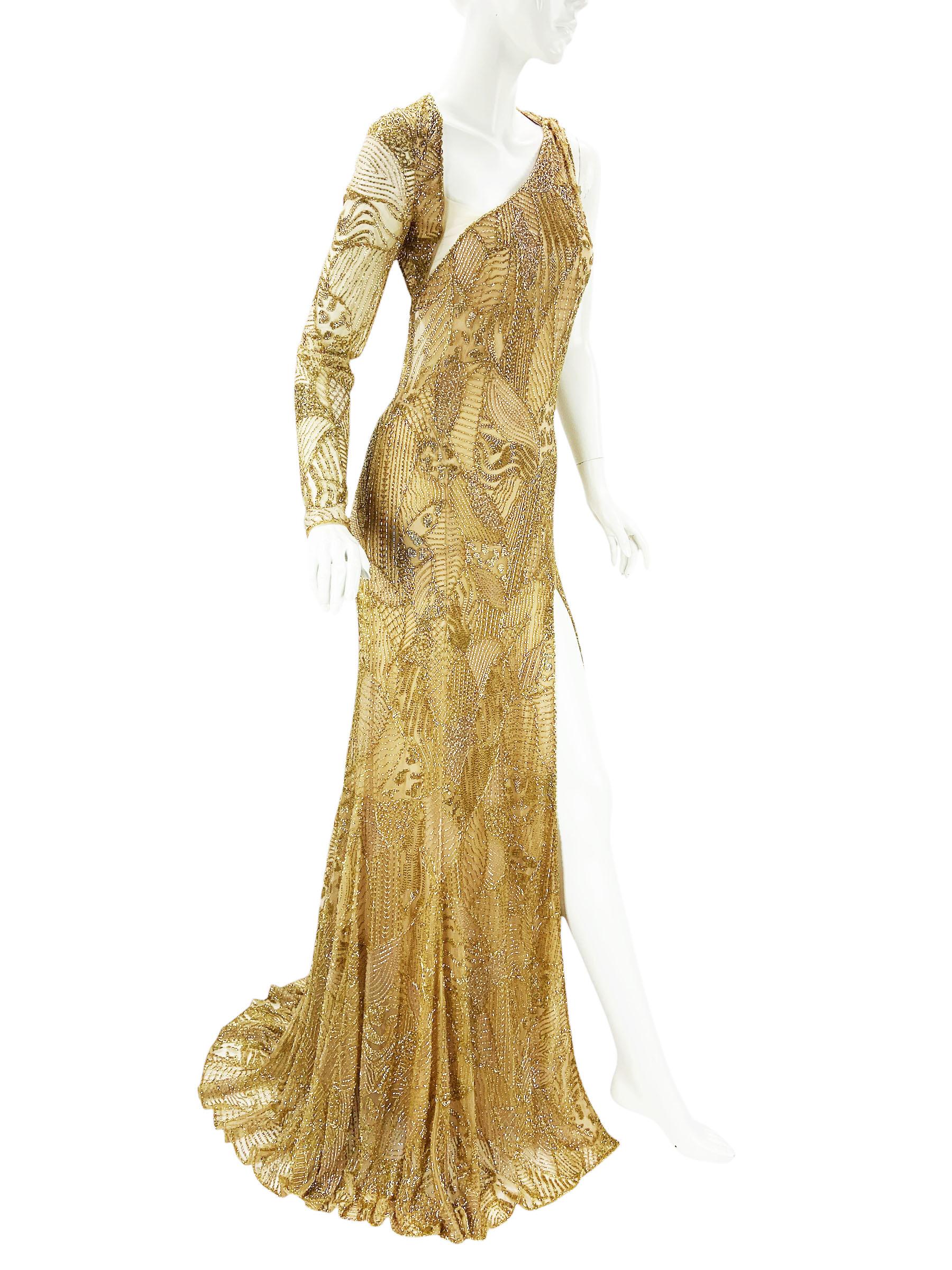 Women's NWT $14860 Roberto Cavalli Gold Fully Beaded Open Back Dress Gown Italian 40 For Sale