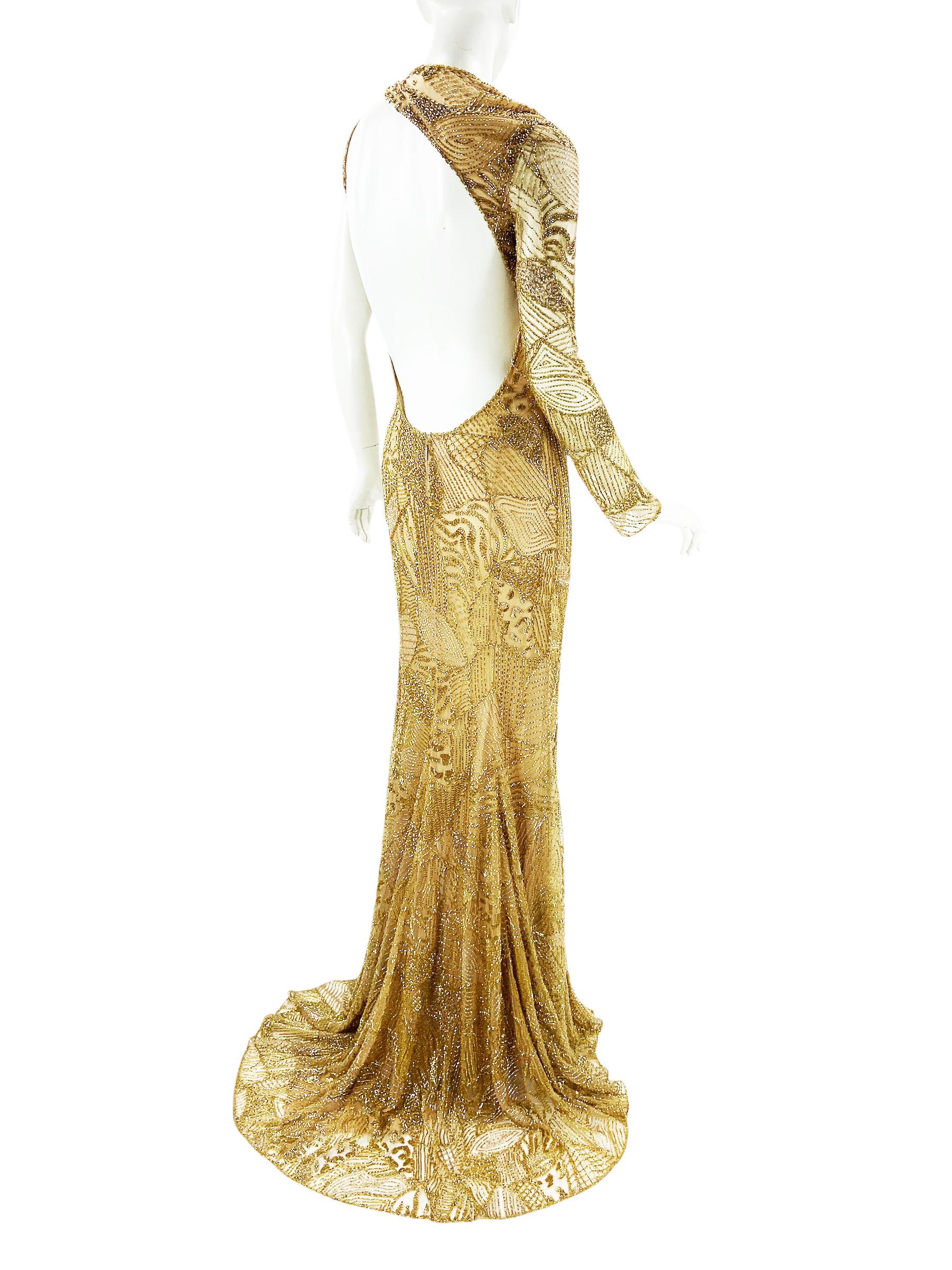 NWT $14860 Roberto Cavalli Gold Fully Beaded Open Back Dress Gown Italian 40 For Sale 1