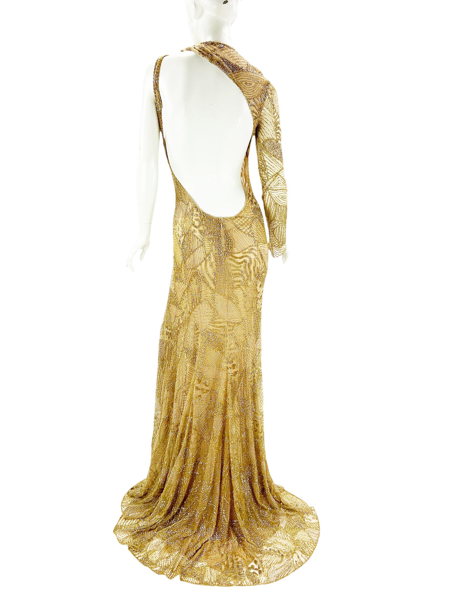 NWT $14860 Roberto Cavalli Gold Fully Beaded Open Back Dress Gown Italian 40 For Sale 2