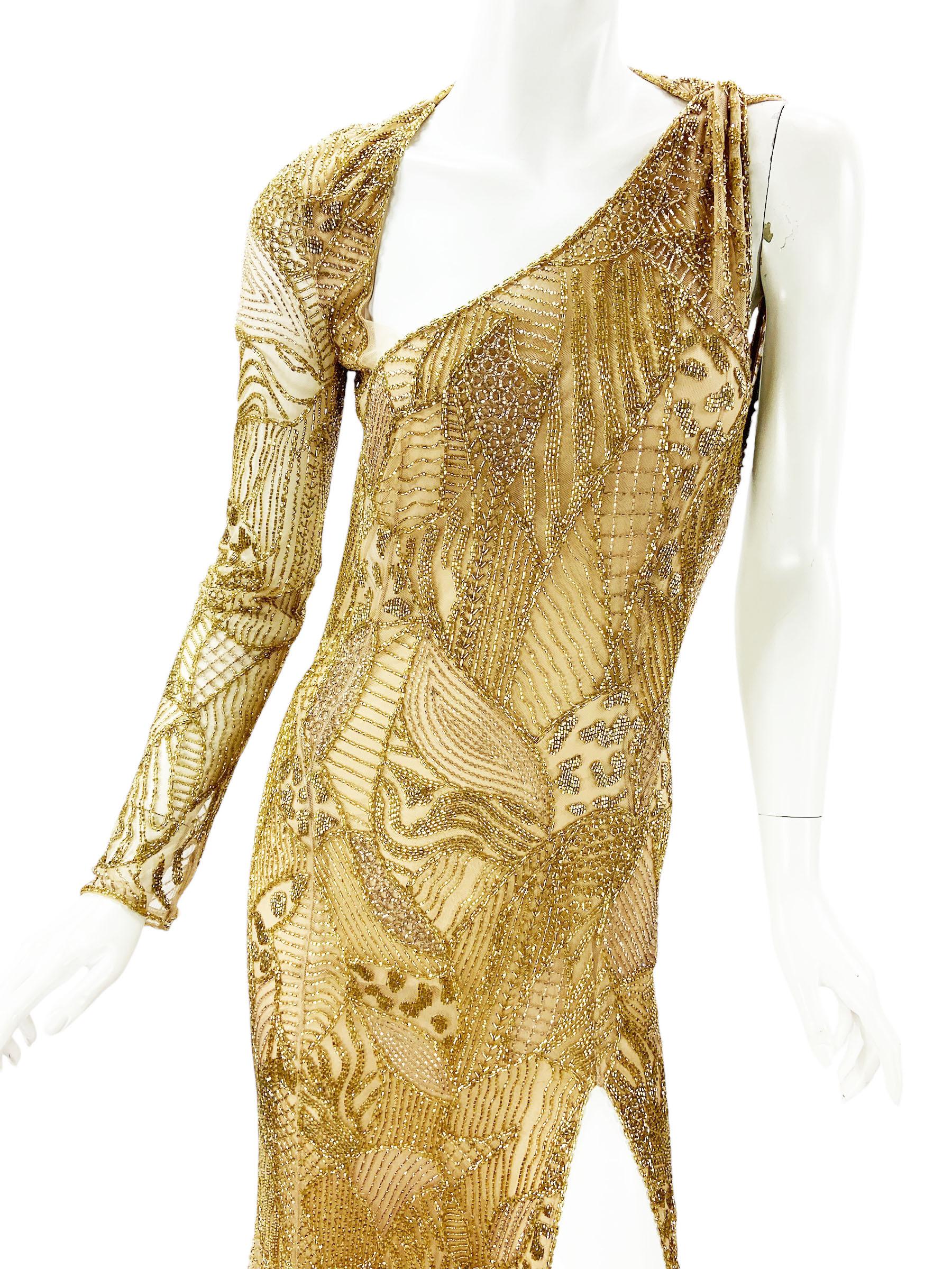 NWT $14860 Roberto Cavalli Gold Fully Beaded Open Back Dress Gown Italian 40 For Sale 4