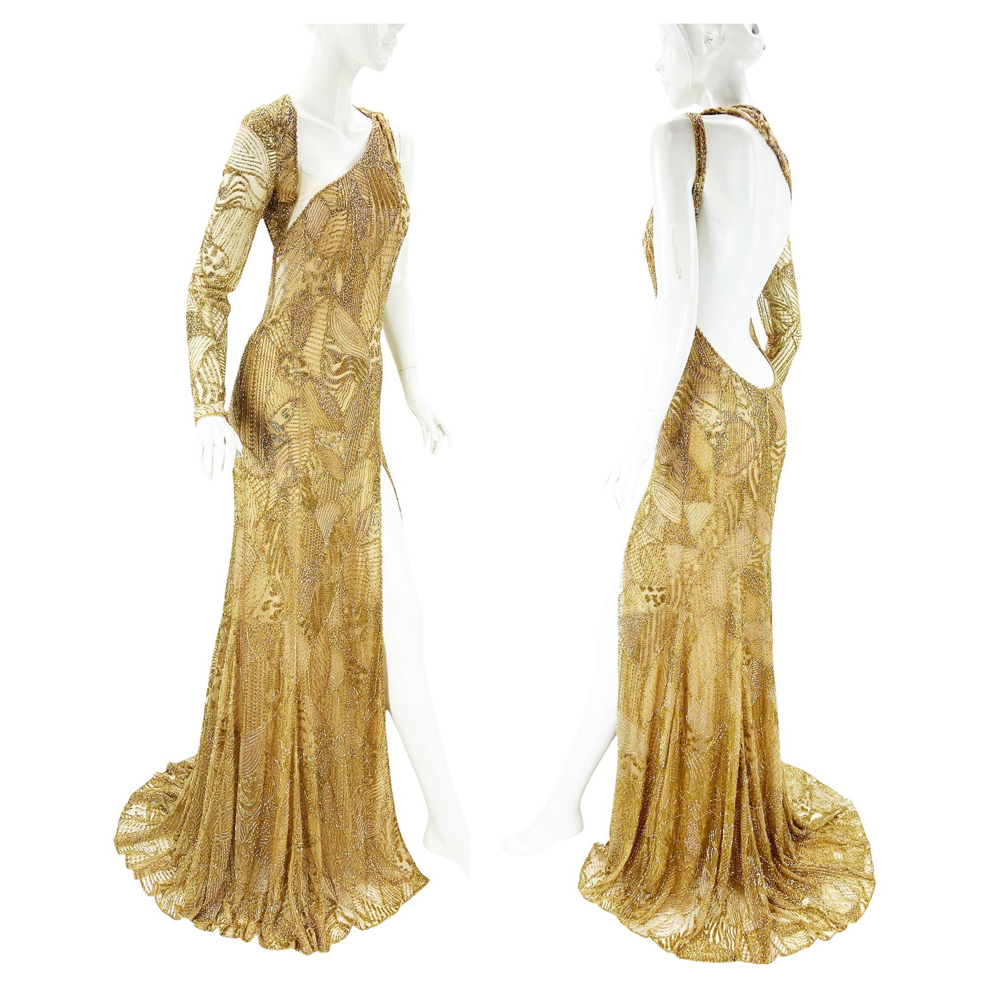 NWT $14860 Roberto Cavalli Gold Fully Beaded Open Back Dress Gown Italian 40 For Sale
