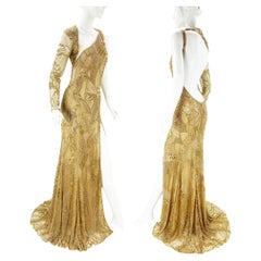 NWT $14860 Roberto Cavalli Gold Fully Beaded Open Back Dress Gown Italian 40