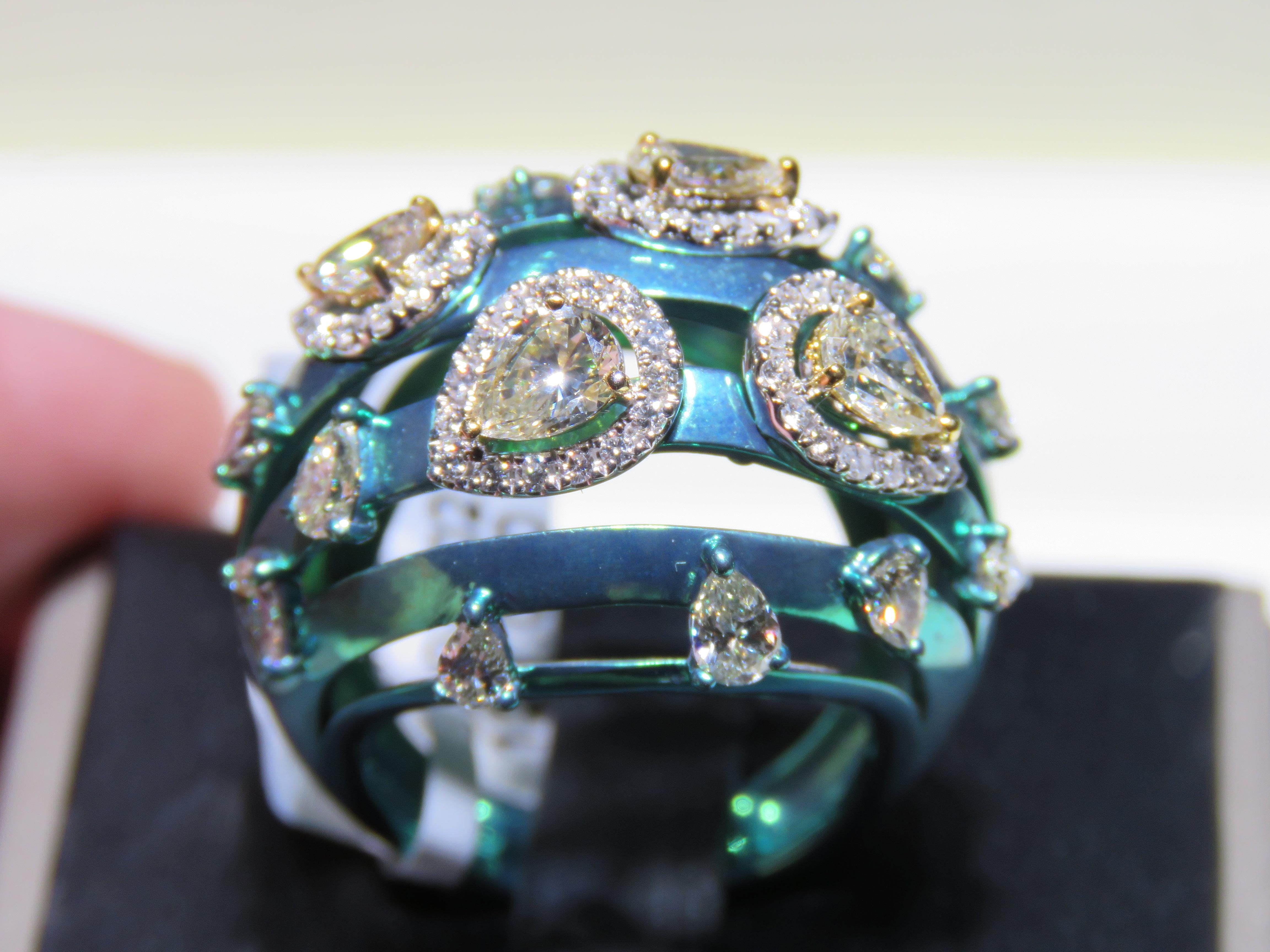 Mixed Cut NWT $15, 000 18KT Gold Green Titanium Gorgeous Fancy Yellow Diamond Ring For Sale