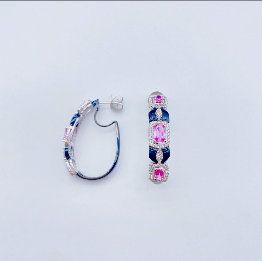 The Following Item we are offering is this Rare Important Radiant 18KT Gold Gorgeous Glittering and Sparkling Magnificent Fancy Pink Sapphire and Onyx Diamond Hoop Earrings. Earrings Contains approx 5.50CTS of Beautiful Fancy Cut Pink Sapphires,