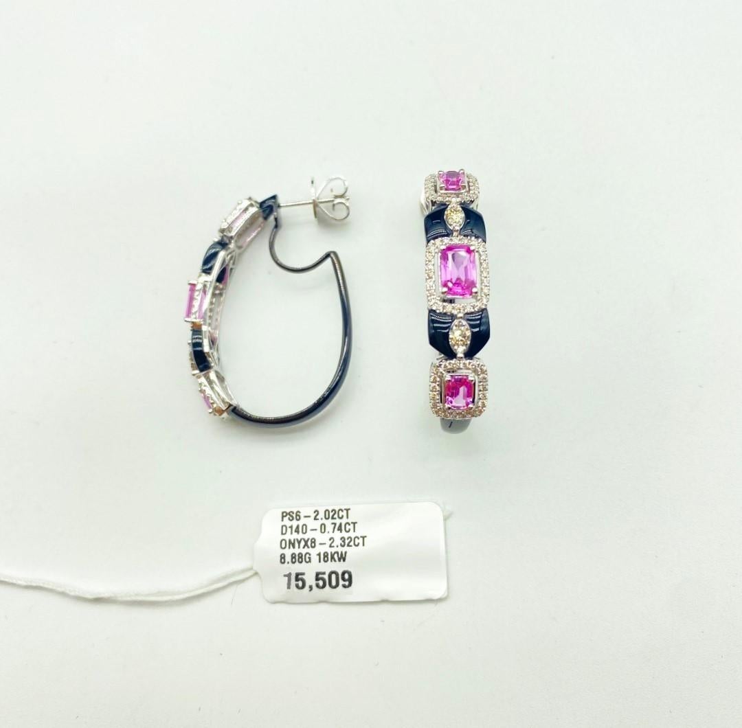 Mixed Cut NWT $15, 909 18KT Fancy Glittering Pink Sapphire Diamond Onyx Hoop Earrings For Sale