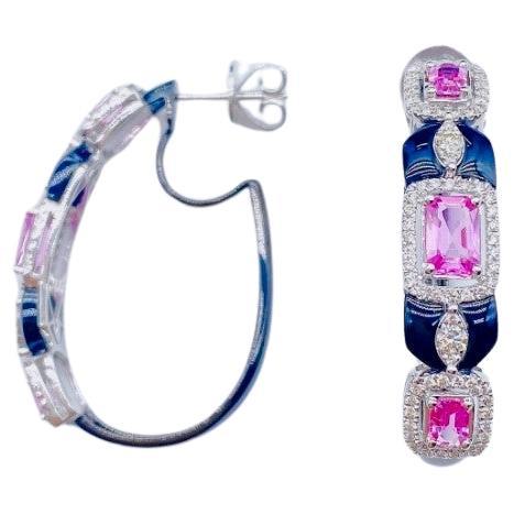 NWT $15, 909 18KT Fancy Glittering Pink Sapphire Diamond Onyx Hoop Earrings For Sale