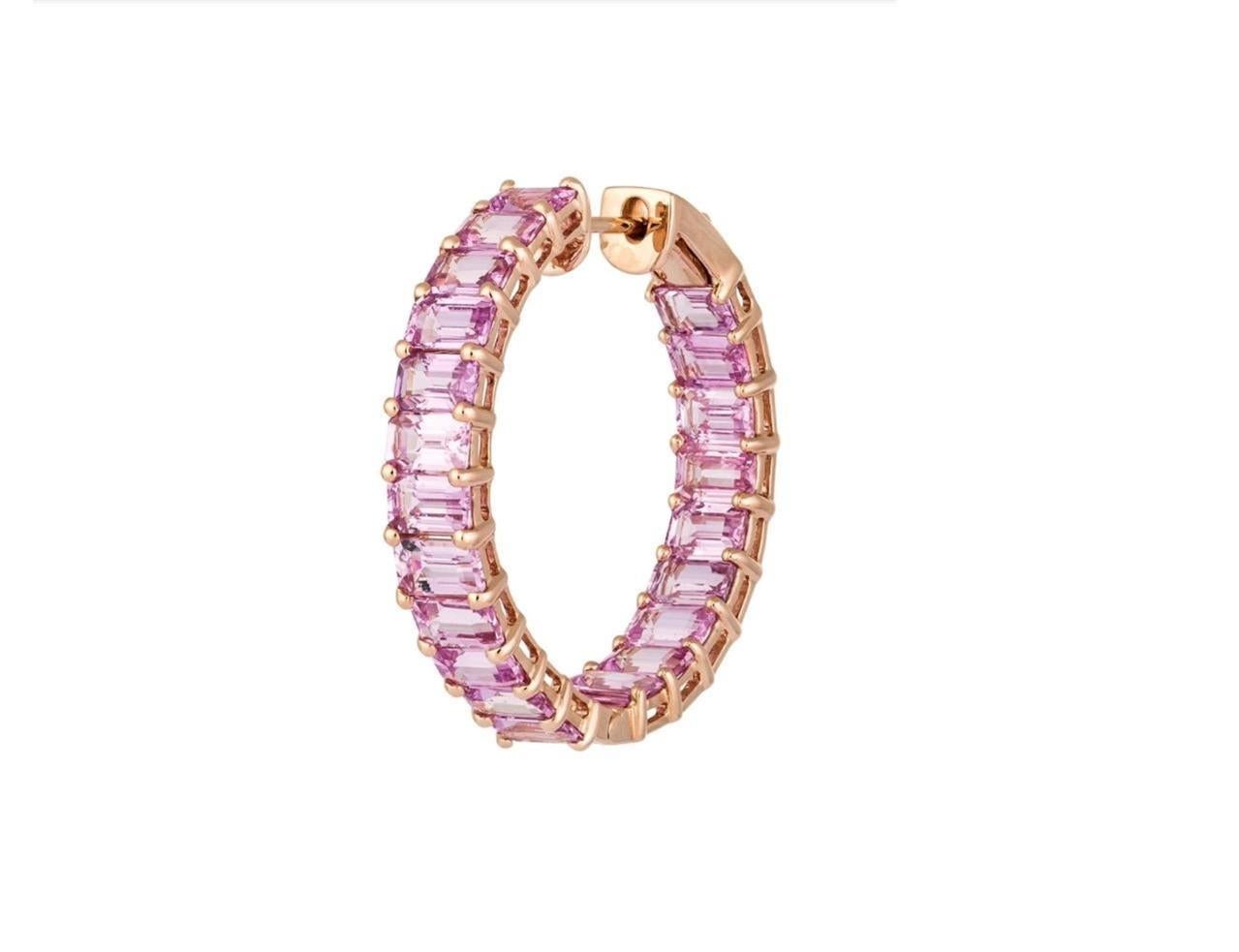 The Following Items we are offering is this Rare Important Radiant 18KT Gold Gorgeous Glittering and Sparkling Magnificent Fancy Emerald Cut Pink Sapphire Hoop Earrings. Earrings contain approx 14CTS of Beautiful Fancy Emerald Cut Pink Sapphires!!!