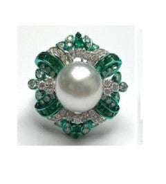 NWT $15, 000 18KT Gold Rare Fancy Large South Sea Pearl Diamond Emerald Ring