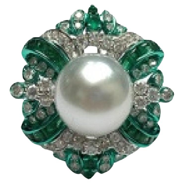 NWT $15,000 Or 18KT Rare Fancy Large South Sea Pearl Diamant Emerald Ring