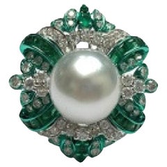 NWT $15, 000 18KT Gold Rare Fancy Large South Sea Pearl Diamond Emerald Ring