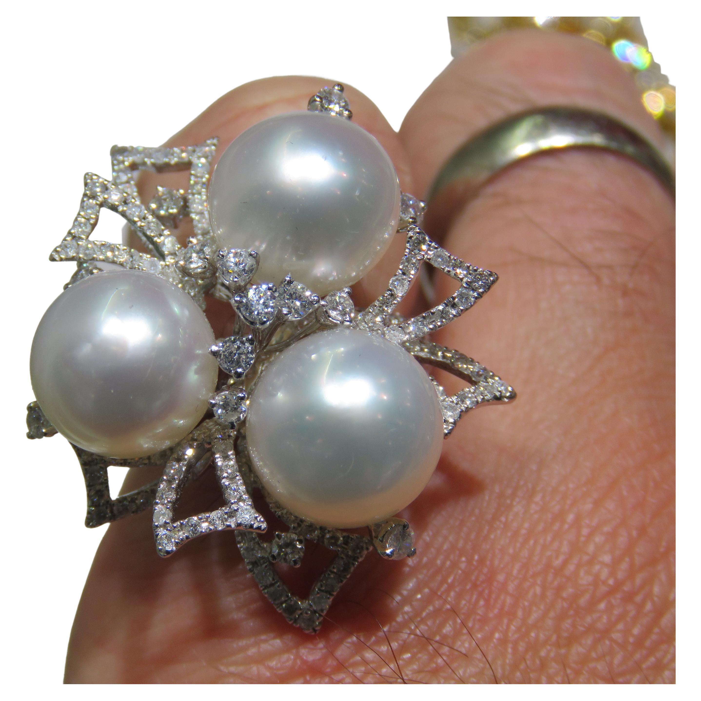 NWT $15, 000 18KT Gold Rare Fancy Large Triple 3 South Sea Pearl Diamond Ring For Sale