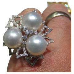 NWT $15, 000 18KT Gold Rare Fancy Large Triple 3 South Sea Pearl Diamond Ring