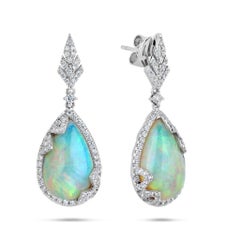 Magnificent 18KT Gold Large 10CT Opal Deco Style Diamond Earrings