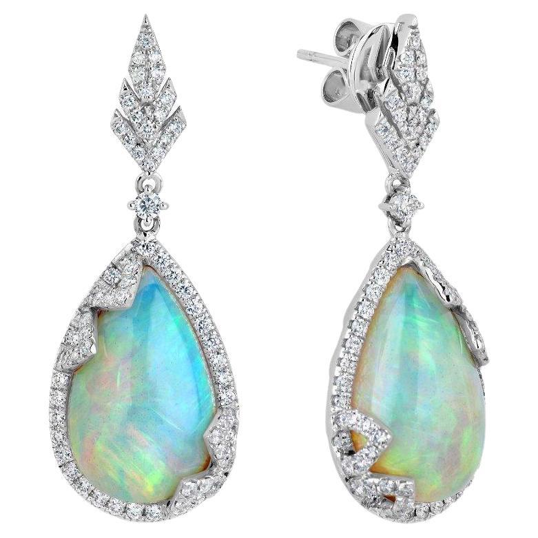 NWT $15, 000 Magnificent 18KT Gold Large 10CT Opal Deco Style Diamond Earrings For Sale