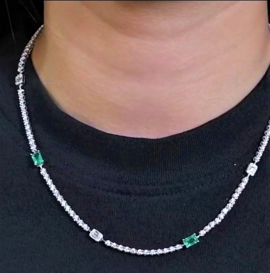 Mixed Cut NWT $15, 000 Rare Gorgeous 18KT Gold Fancy Baguette Diamond and Emerald Necklace For Sale