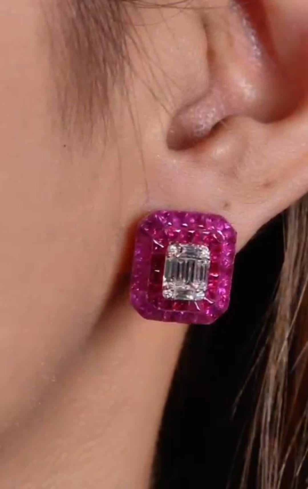Mixed Cut NWT $16, 000 18KT Fancy Large Glittering Fancy Red Ruby Pave Diamond Earrings For Sale