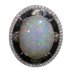 NWT $16, 000 Rare Fancy 18KT Gold Large 13ct Opal Black Enamel Diamond Ring