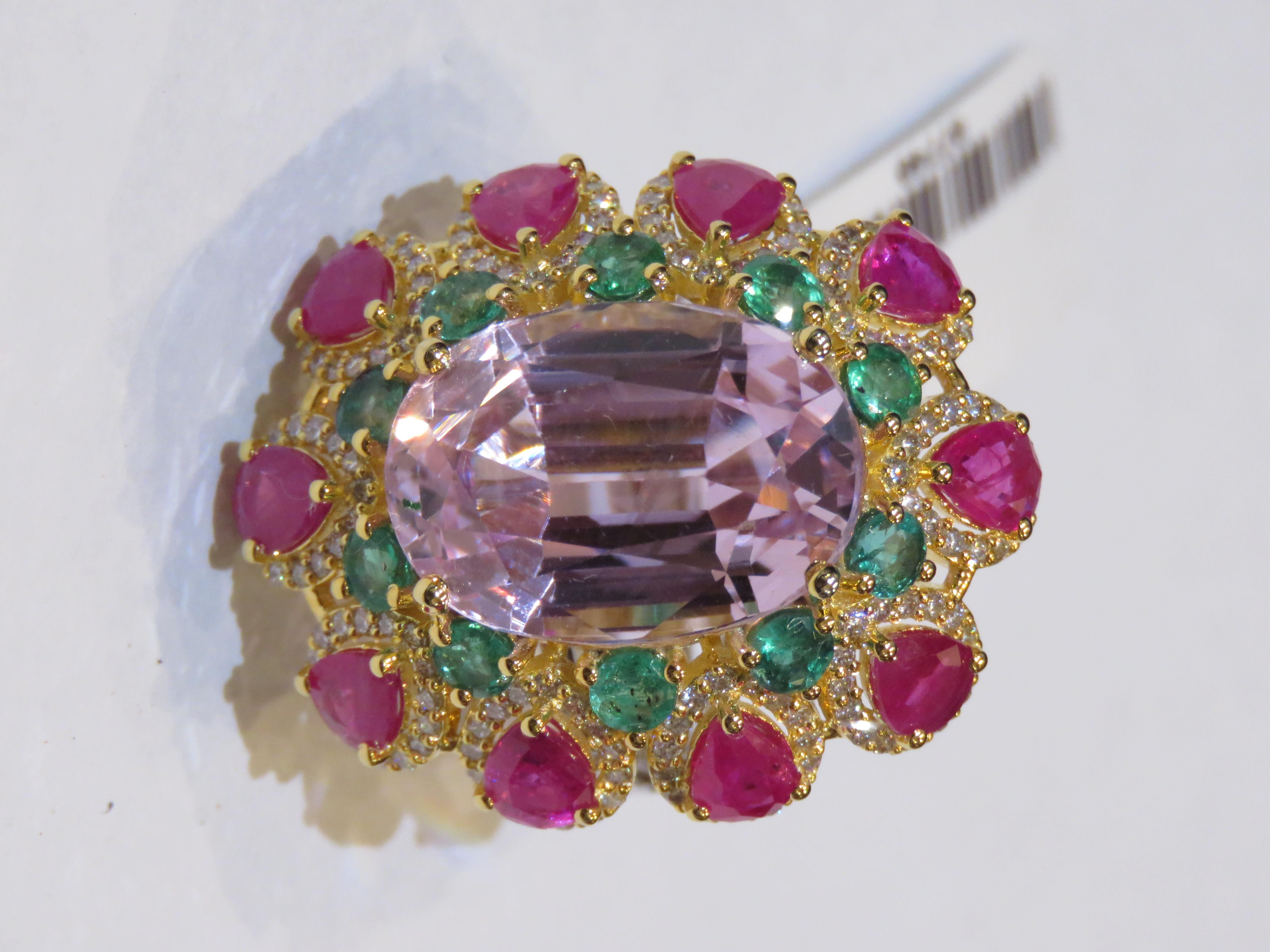 Mixed Cut NWT 16, 499 Rare 18KT Fancy Glittering Large Kunzite Ruby Sapphire Diamond Ring For Sale