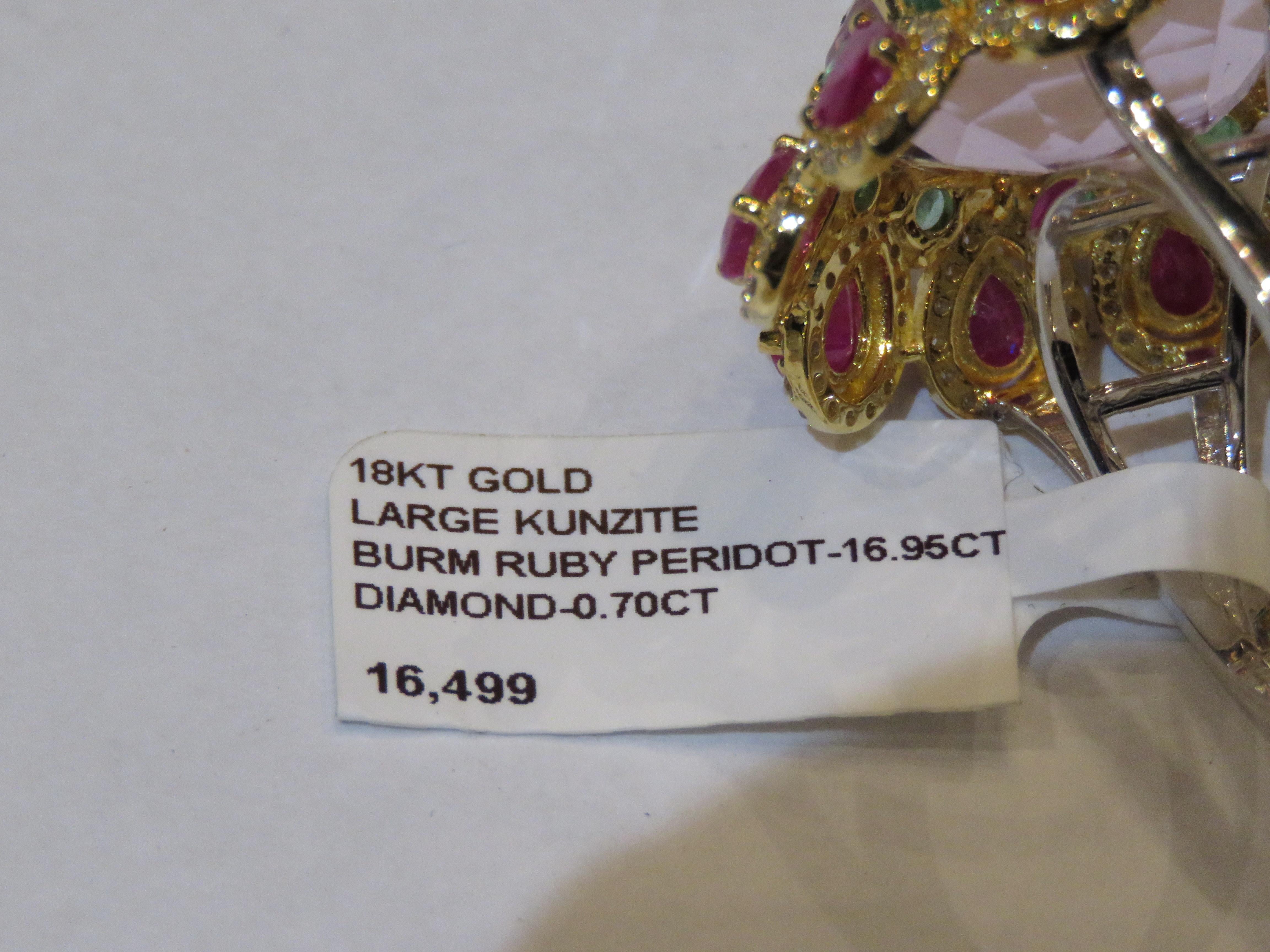 NWT 16, 499 Rare 18KT Fancy Glittering Large Kunzite Ruby Sapphire Diamond Ring In New Condition For Sale In New York, NY