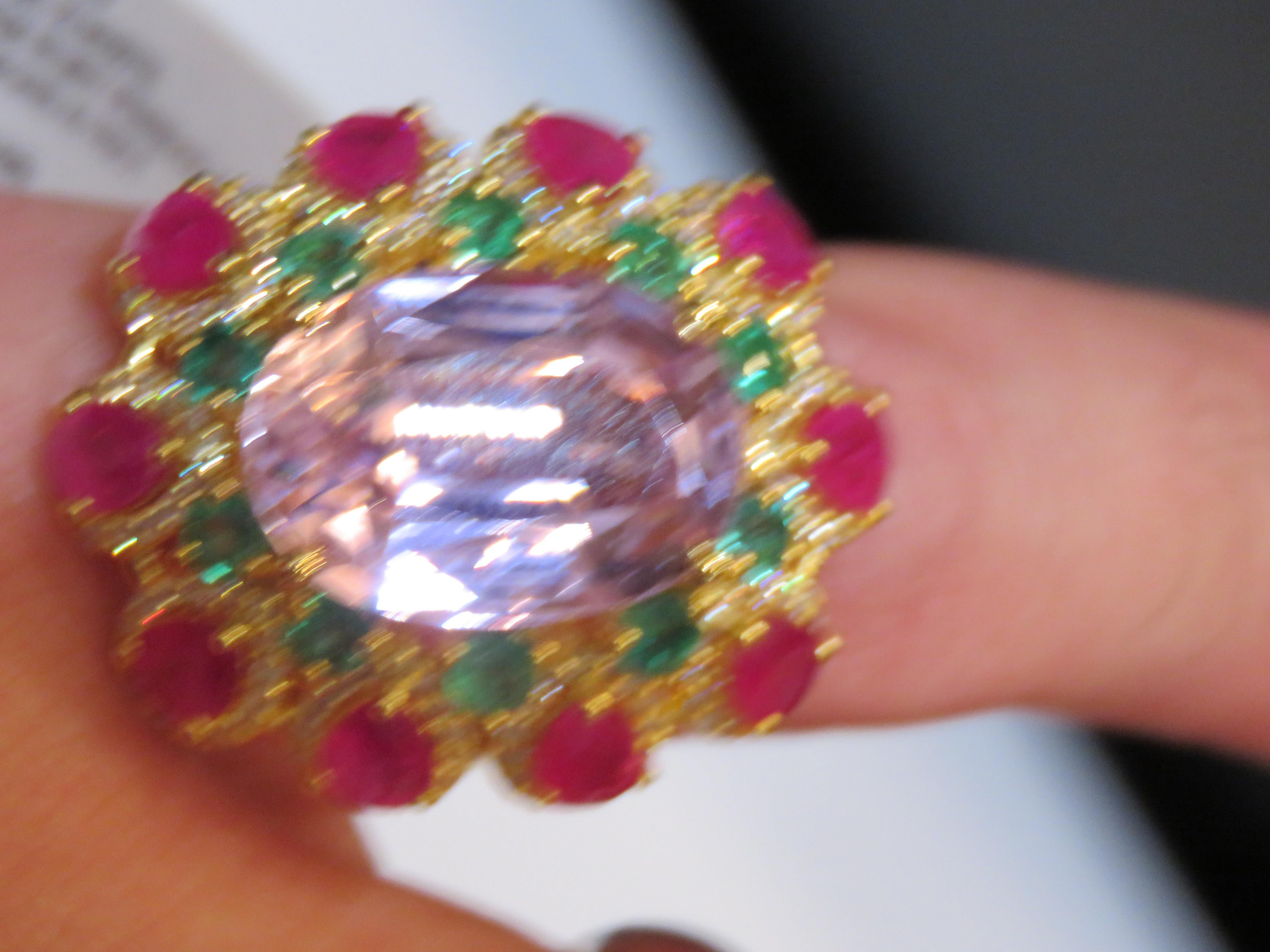 Women's NWT 16, 499 Rare 18KT Fancy Glittering Large Kunzite Ruby Sapphire Diamond Ring For Sale