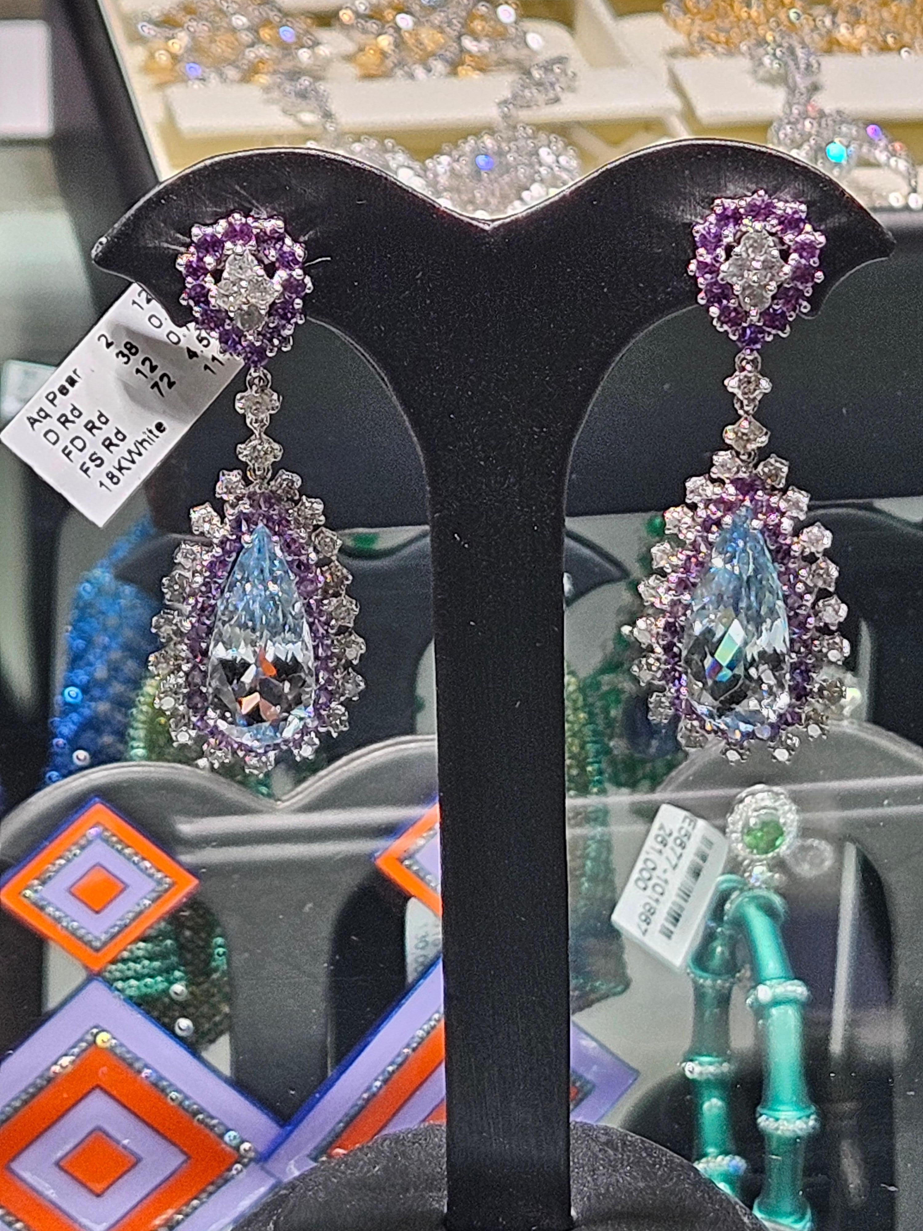 NWT $16, 600 Boucles d'oreilles en or 18KT Aigue-marine Diamant Saphir Violet Neuf - En vente à New York, NY
