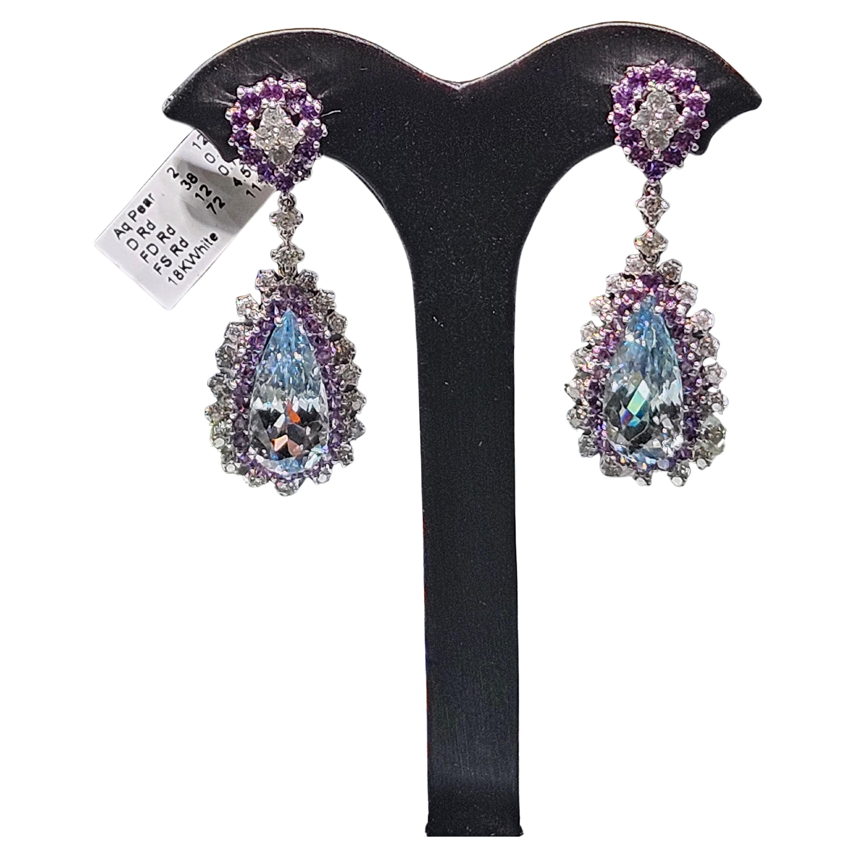 NWT $16, 600 Boucles d
oreilles en or 18KT Aigue-marine Diamant Saphir Violet en vente