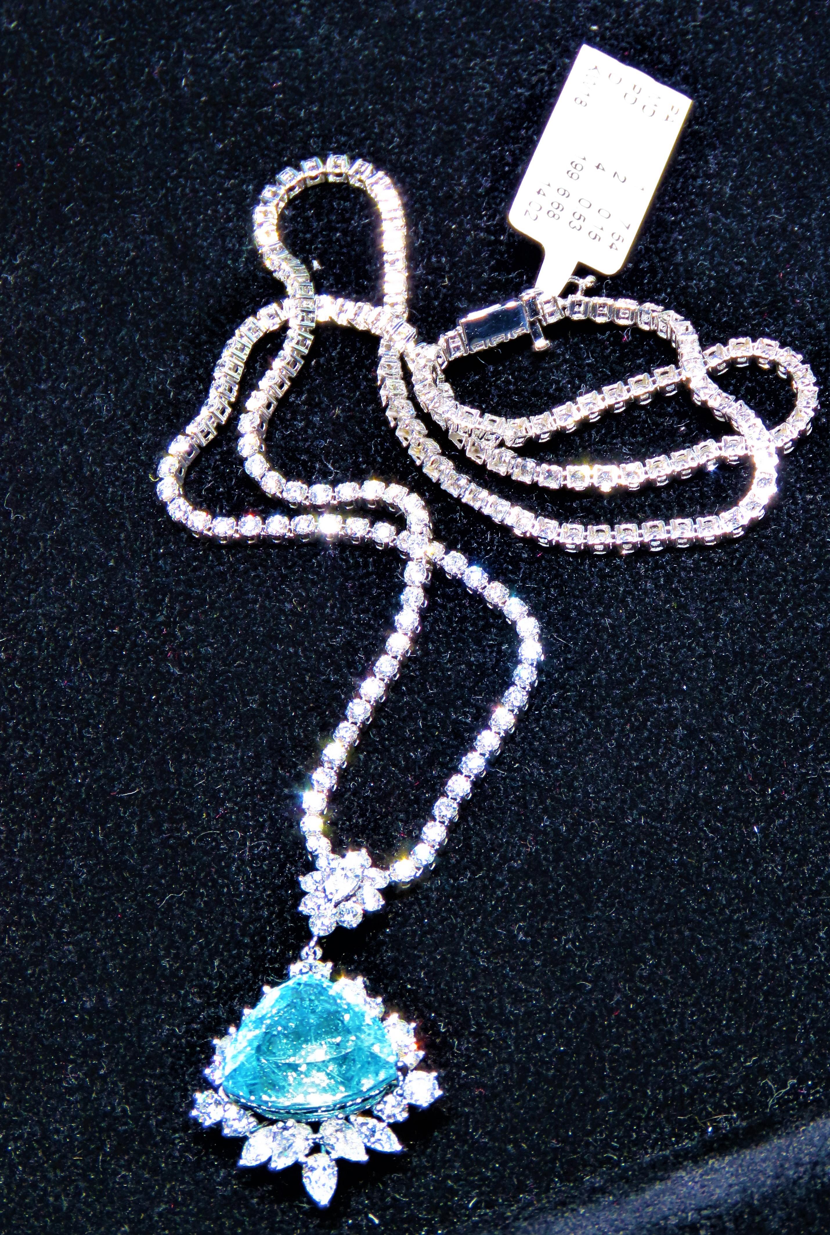 The Following Items we are offering is a Rare Important Gorgeous 18KT White Gold Glittering Diamond and Paraiba Tourmaline Necklace!!!! Necklace features Outstanding Multi Shaped Shimmering and Glittering Extremely Rare Fancy Cut Large Paraiba