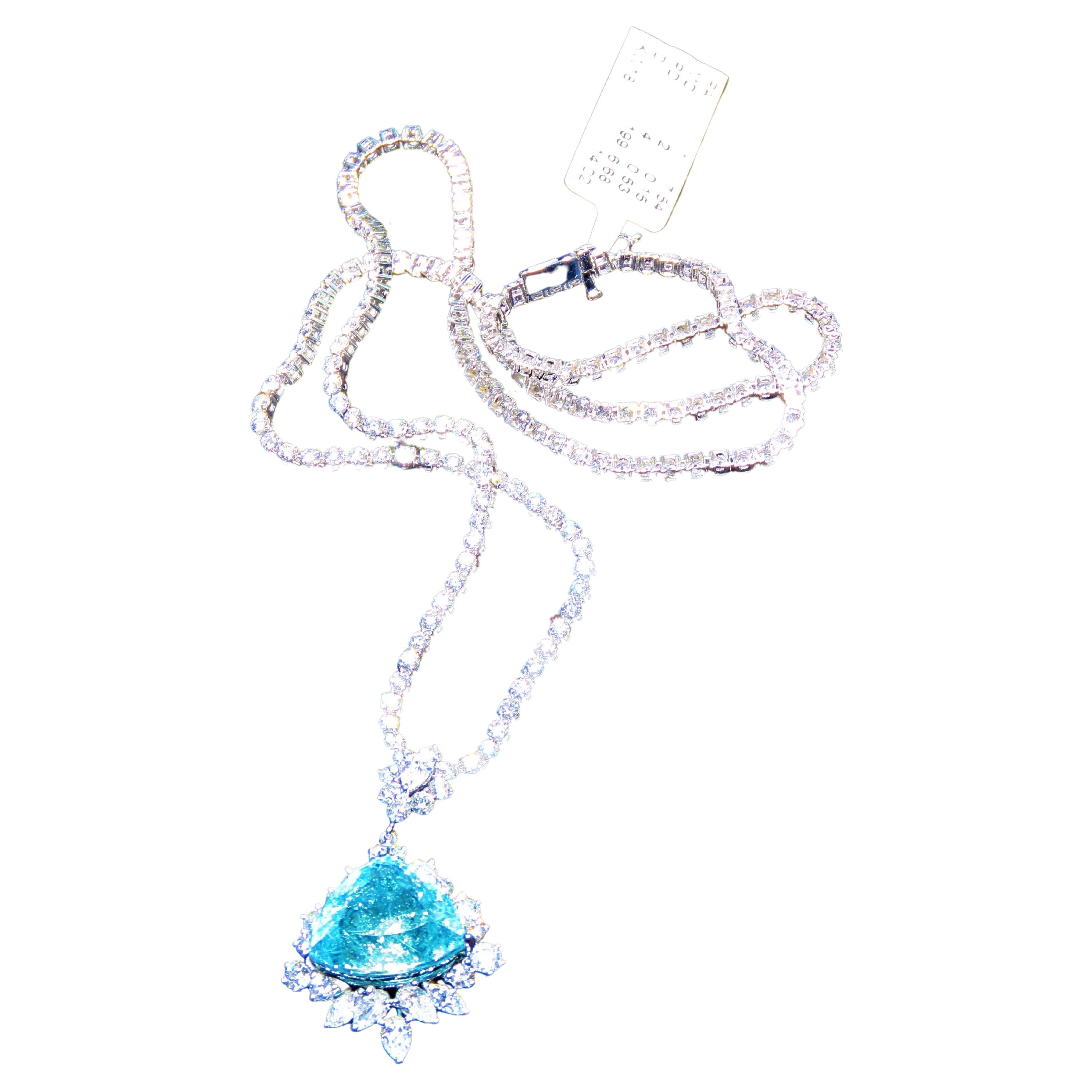 NWT 160, 000 18KT Magnificent Rare Fancy 15ct Paraiba Tourmaline Diamond Necklace For Sale
