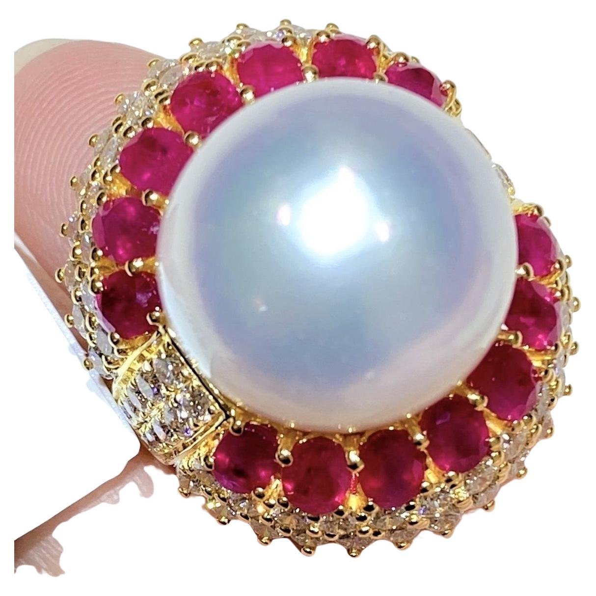 NWT $16, 109 18KT Rare Fancy South Sea Pearl 6CT Glittering Ruby Diamond Ring For Sale