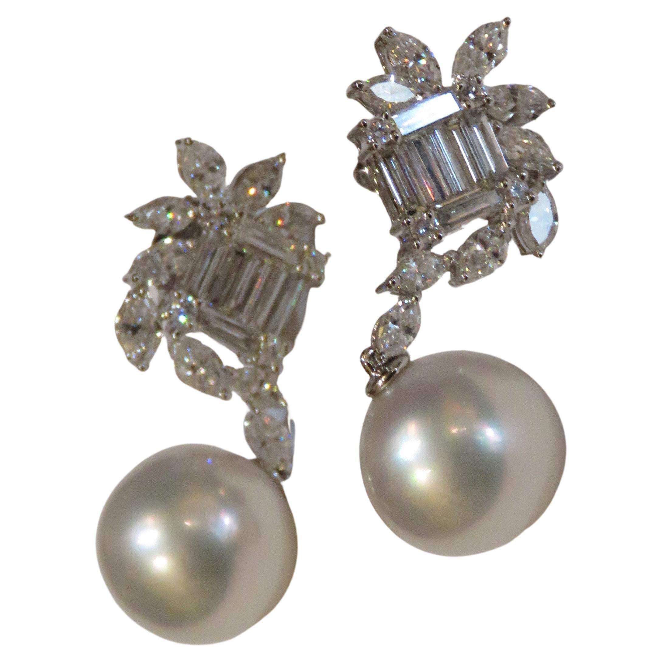 NWT $16, 109 Rare 18KT White Gold Fancy Large South Sea Pearl Diamond Earrings For Sale