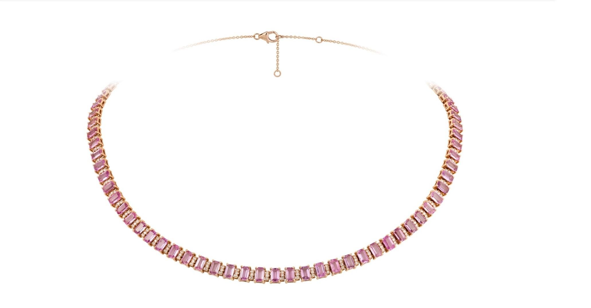 The Following Item we are offering is this Rare Important Radiant 18KT Gold Gorgeous Glittering and Sparkling Magnificent Fancy Emerald Cut Pink Sapphire and Diamond Necklace. Necklace contains approx 16.50CTS of Beautiful Fancy Emerald Cut Pink