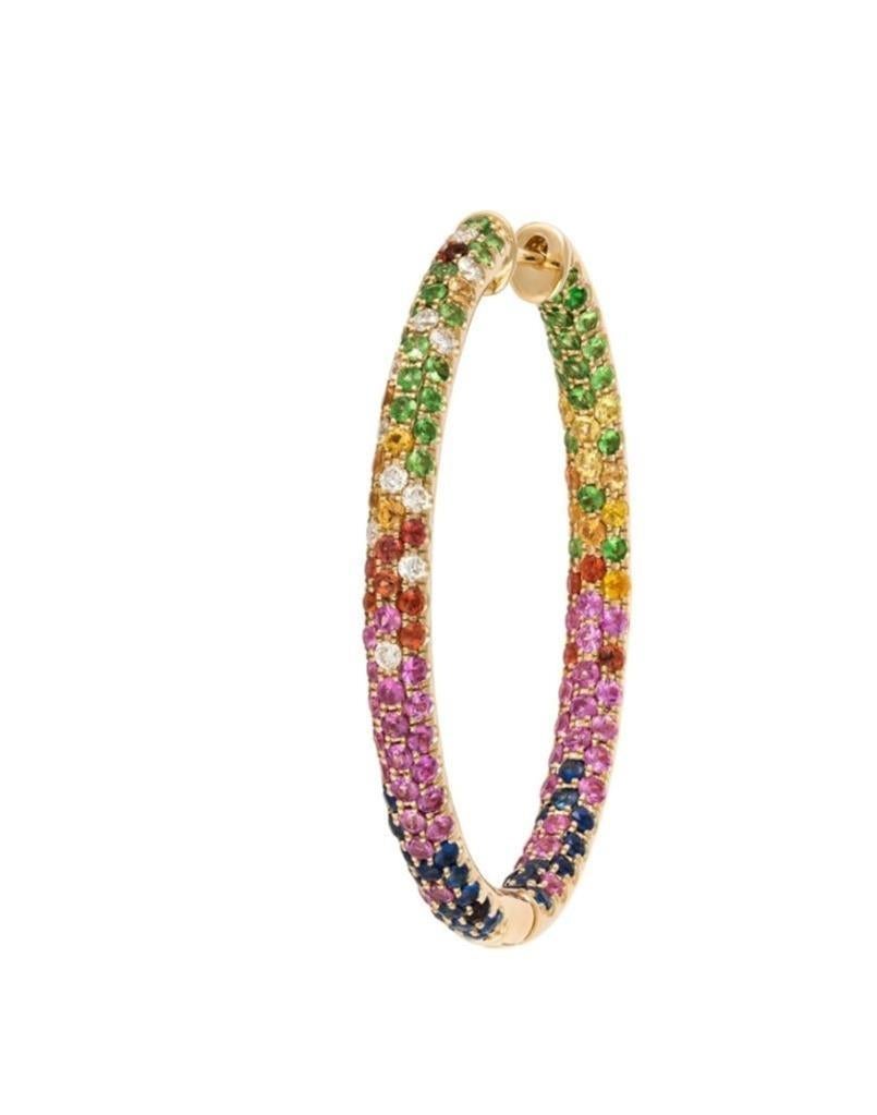 The Following Items we are offering is this Rare Important Radiant 18KT Gold Gorgeous Glittering and Sparkling Magnificent Fancy Multi Rainbow Sapphire Hoop Earrings. Earrings contain approx 4.50CTS of Beautiful Fancy Exquisite Multi Color Sapphires