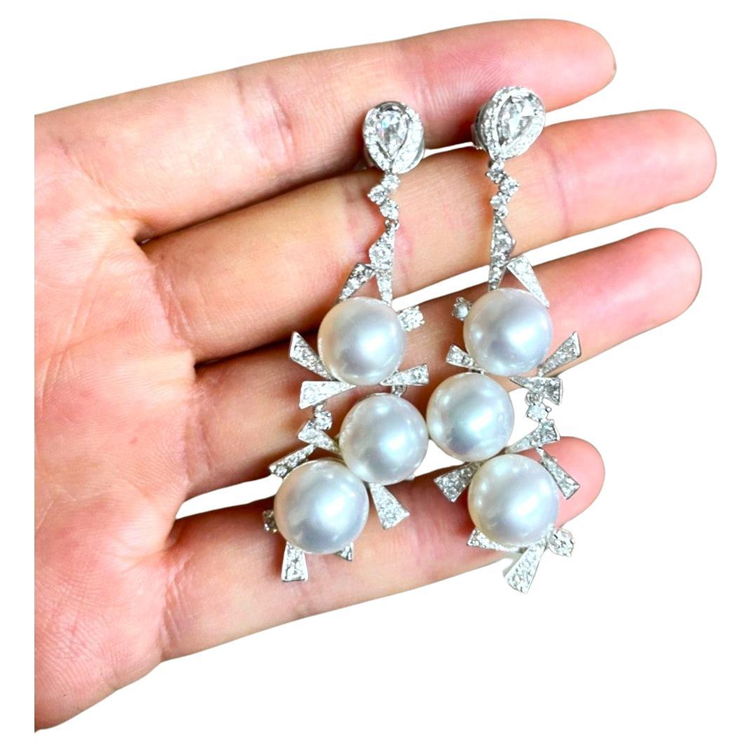 NWT $17, 000 18KT Gold Rare Lrg South Sea Pearl Gorgeous Diamond Dangle Earrings For Sale