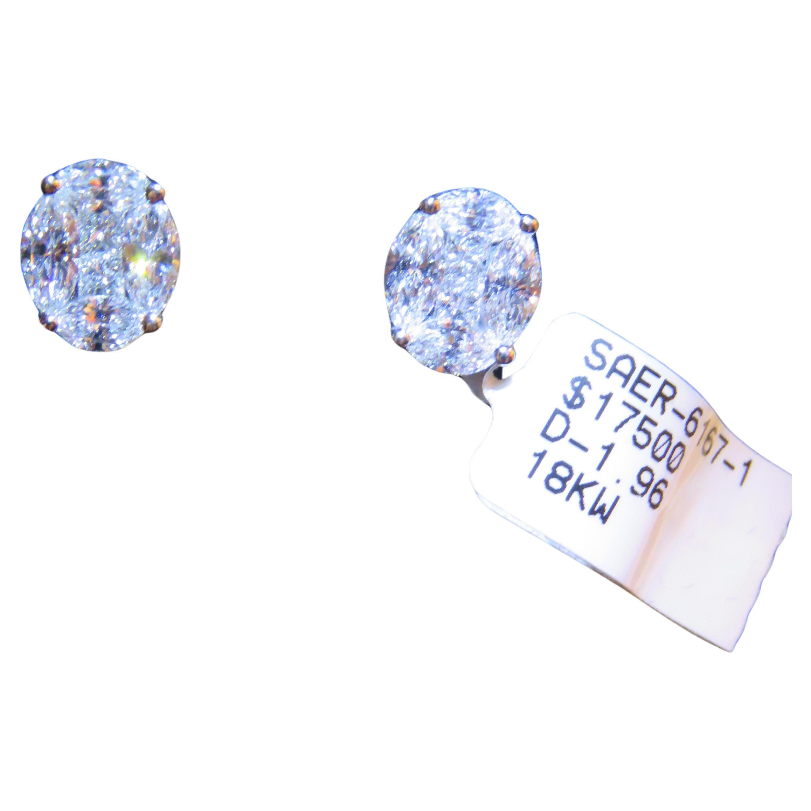 NWT $17, 500 18 Karat Gold Fancy Oval Illusion Glittering Diamond Stud Earrings
