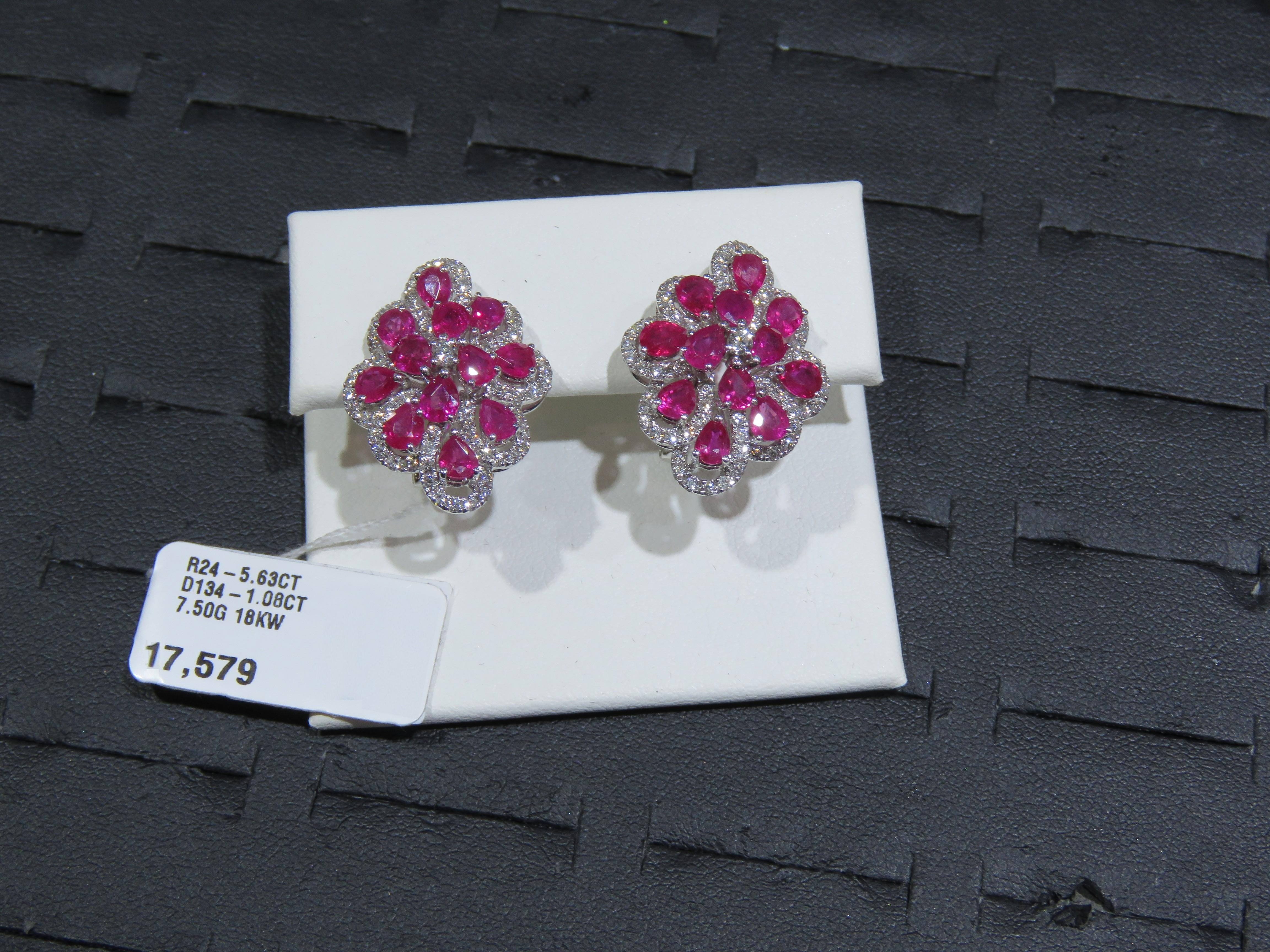 NWT 17, 579 18KT Fancy Large Glittering Rare Fancy Colorful Ruby Diamond Earrings In New Condition For Sale In New York, NY