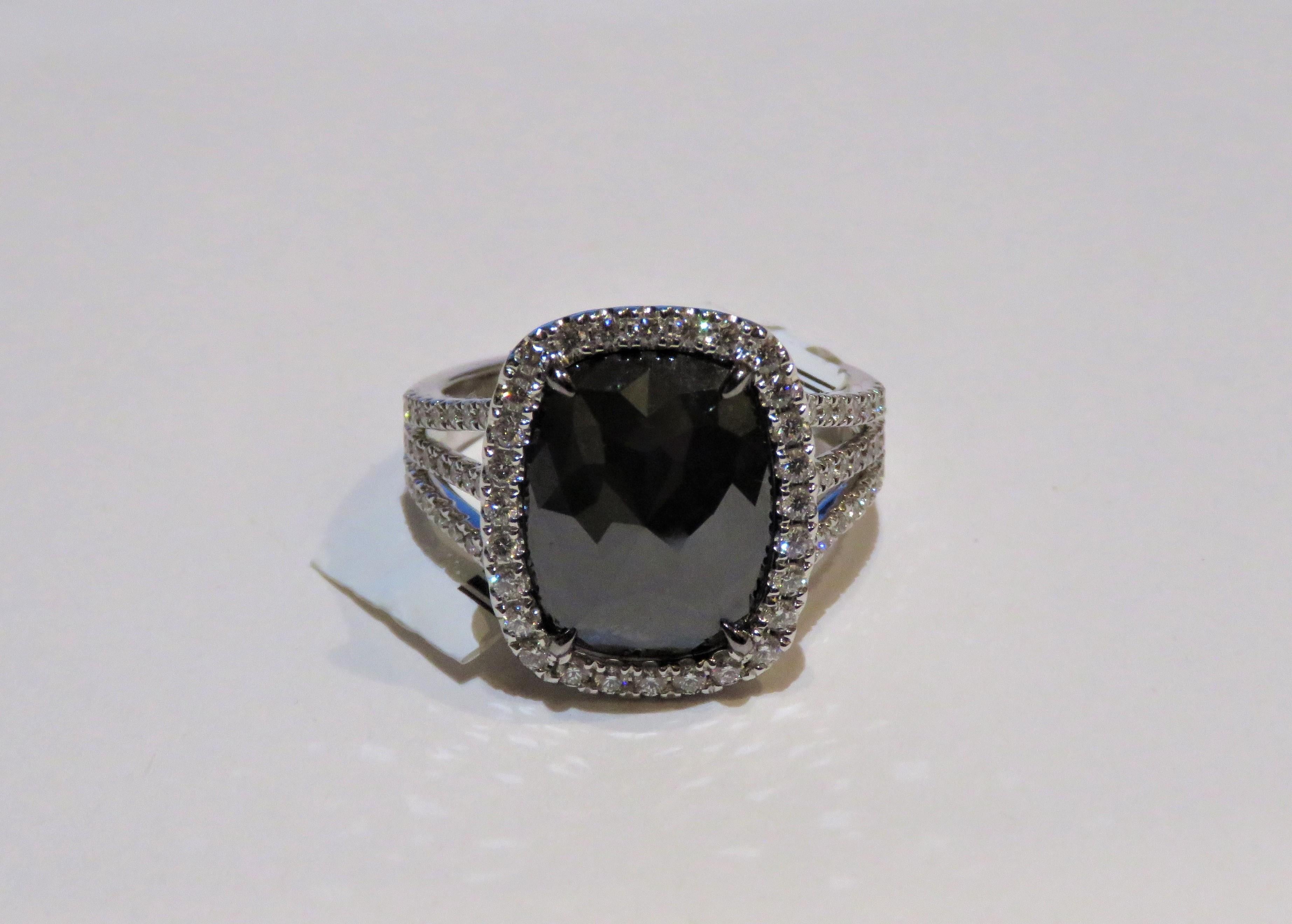 Emerald Cut NWT $18, 000 18KT White Gold Rare Large 5CT Faceted Gorgeous Black Diamond Ring For Sale