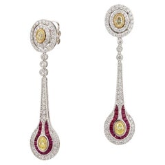 NWT $18, 500 Boucles d'oreilles pendantes en or 18KT Magnifique diamant jaune rubis fantaisie