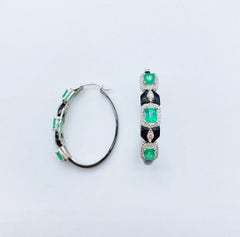 NWT $18, 599 18KT Fancy Large Glittering Emerald Diamond Onyx Hoop Earrings