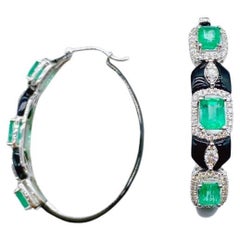 NWT $18, 599 18KT Fancy Large Glittering Emerald Diamond Onyx Hoop Earrings
