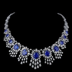 NWT 185, 000 Rare White Gold Gorgeous Fancy Large Blue Sapphire Diamond Necklace