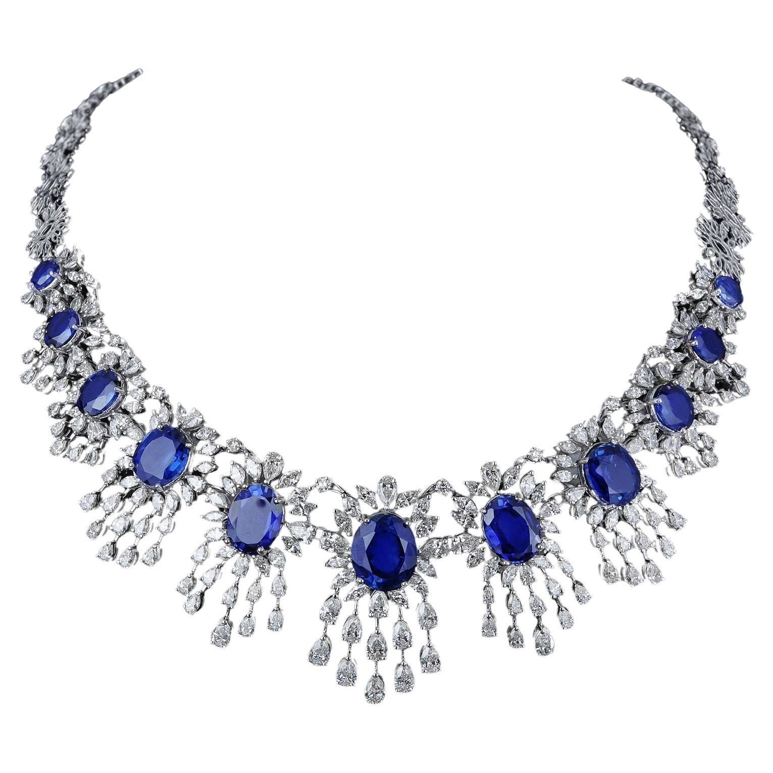 NWT 185, 000 Rare White Gold Gorgeous Fancy Large Blue Sapphire Diamond Necklace For Sale
