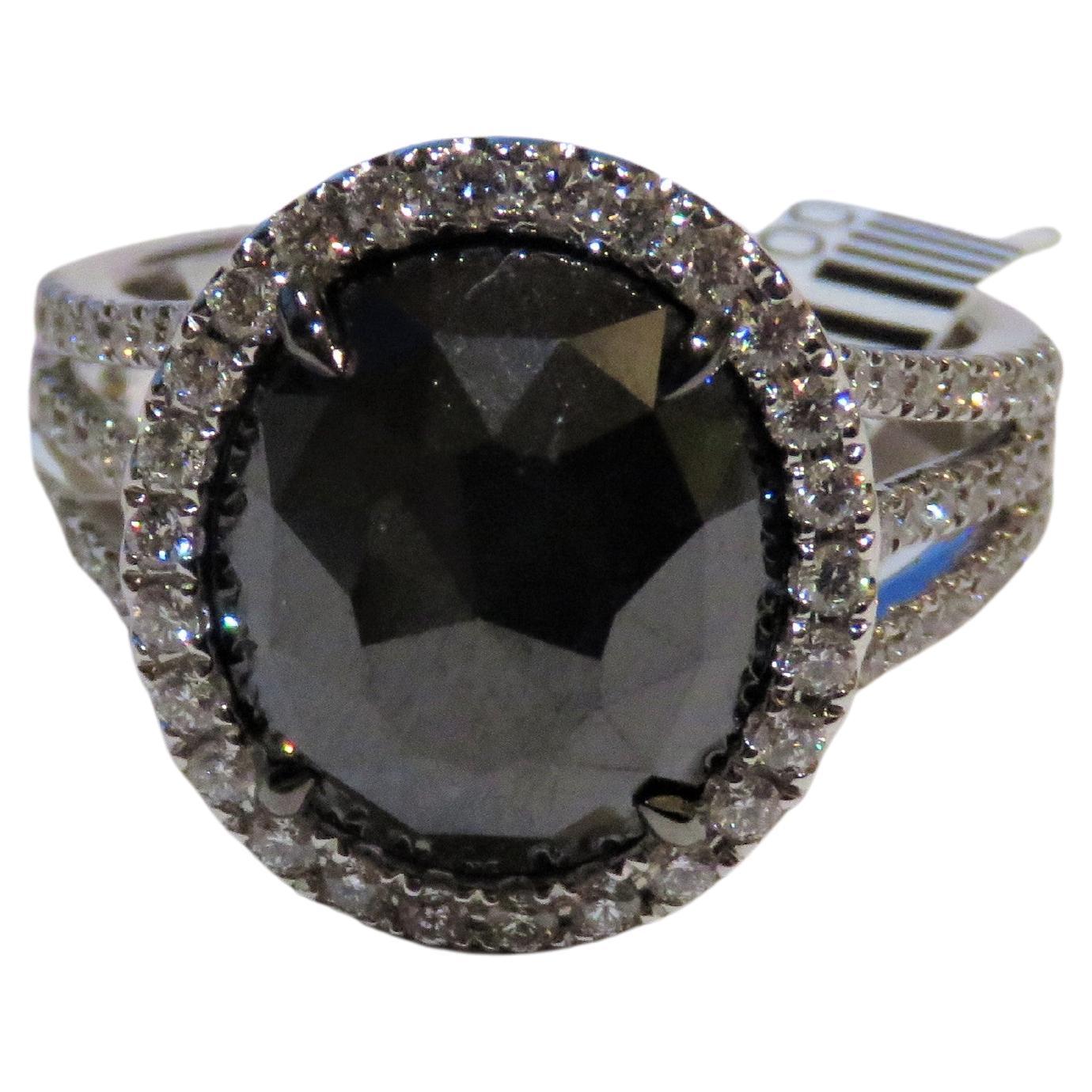 NWT $18, 500 18KT White Gold Rare Large 6CT Faceted Gorgeous Black Diamond Ring For Sale